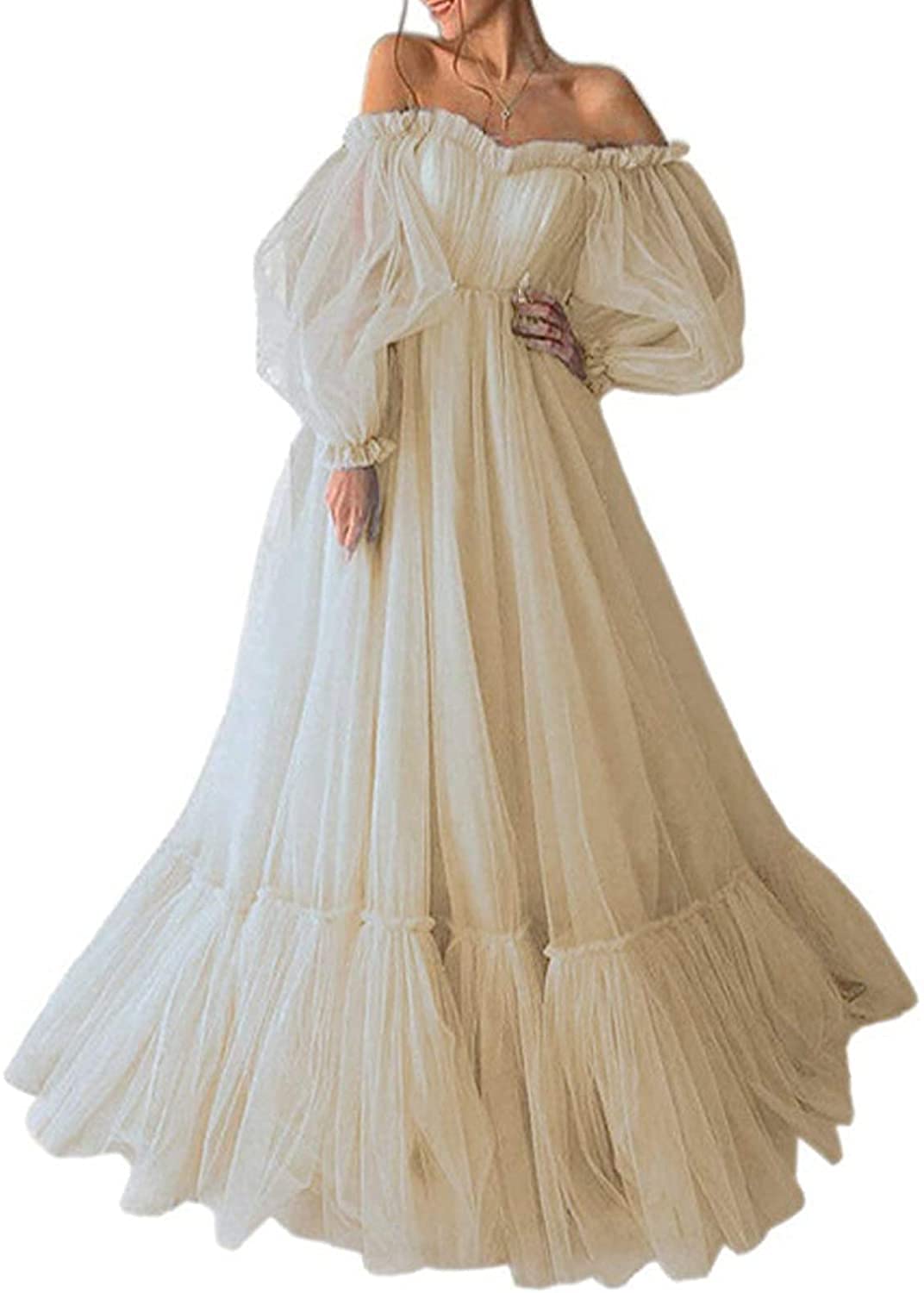 Elegant Off Shoulder Tulle Prom Dress - Long Sleeve Formal Evening Gown for Wedding, Party & Special Occasions | Perfect for Homecoming, Quinceañera & Red Carpet Events
