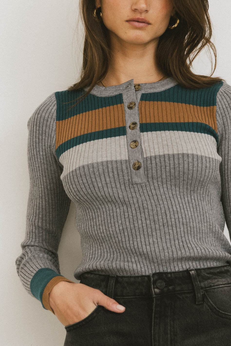 Grethena Ribbed Top Women's Grey Knit Shirt - Soft Stretch Casual T-Shirt for Everyday Wear | Perfect for Layering, Office, and Weekend Outfits