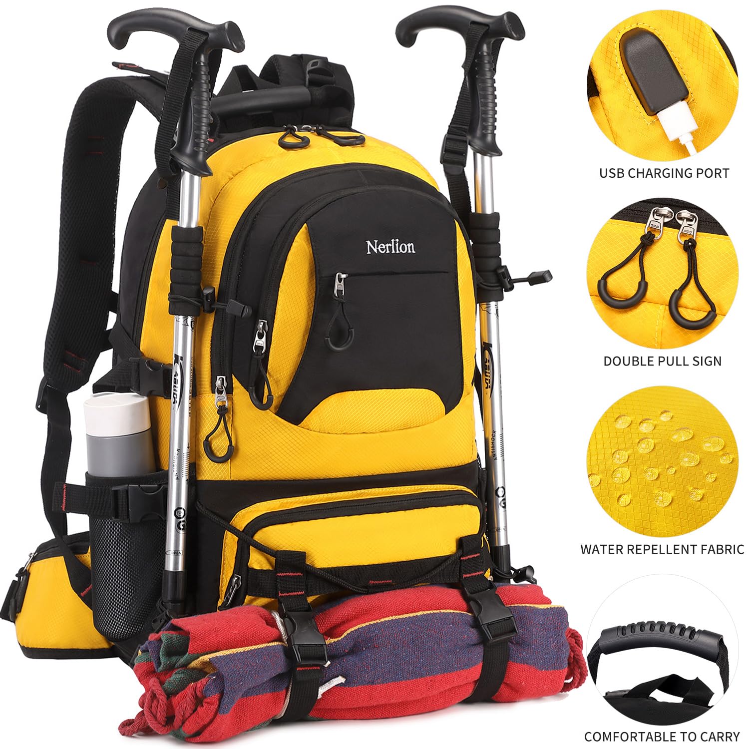 Nerlion 40L Waterproof Hiking Backpack - Lightweight Travel Backpack for Men & Women - Durable Camping & Outdoor Daypack (Yellow) - Perfect for Hiking, Traveling, Camping & Daily Commute