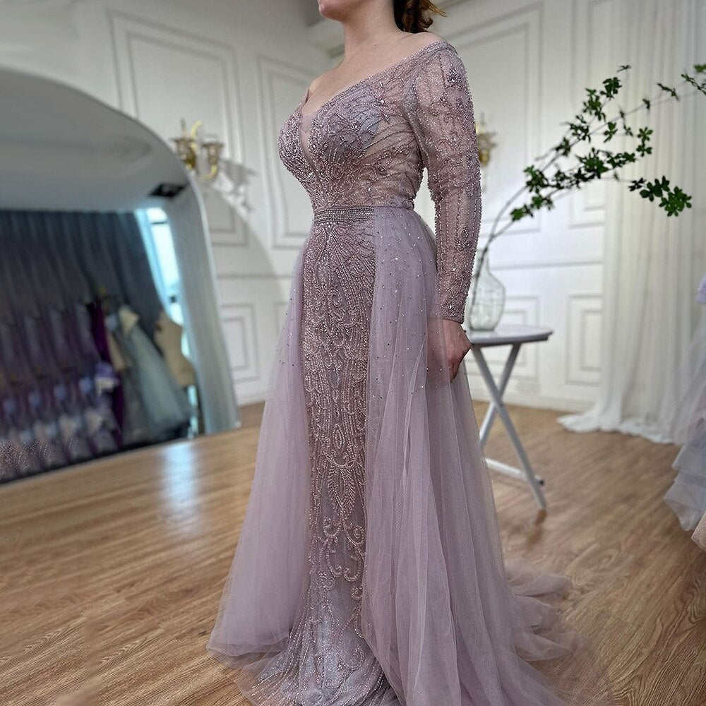 Elegant Pink Mermaid Evening Dress with Train for Women - Luxury Muslim Gown for Parties, Weddings & Special Occasions - Serene Hill LA70433