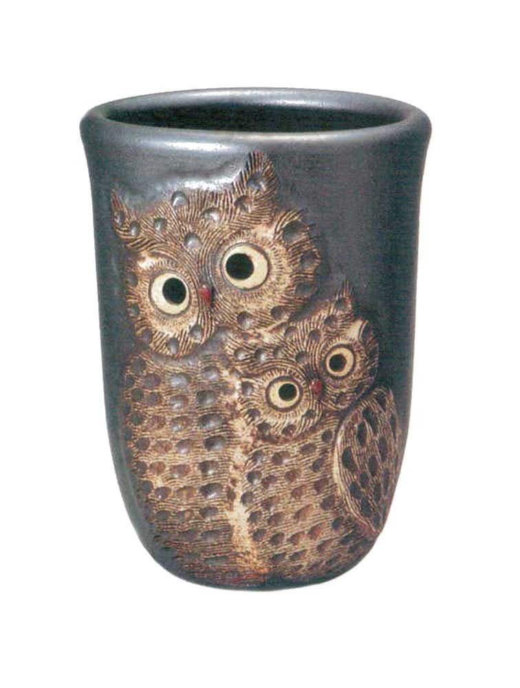 Yamasho Pottery Umbrella Stand - Black Shigaraki Ware with Owl Openwork Design | 14.2 x 11 x 18.9 Inches | Durable Ceramic Entryway Organizer for Home & Office Decor
