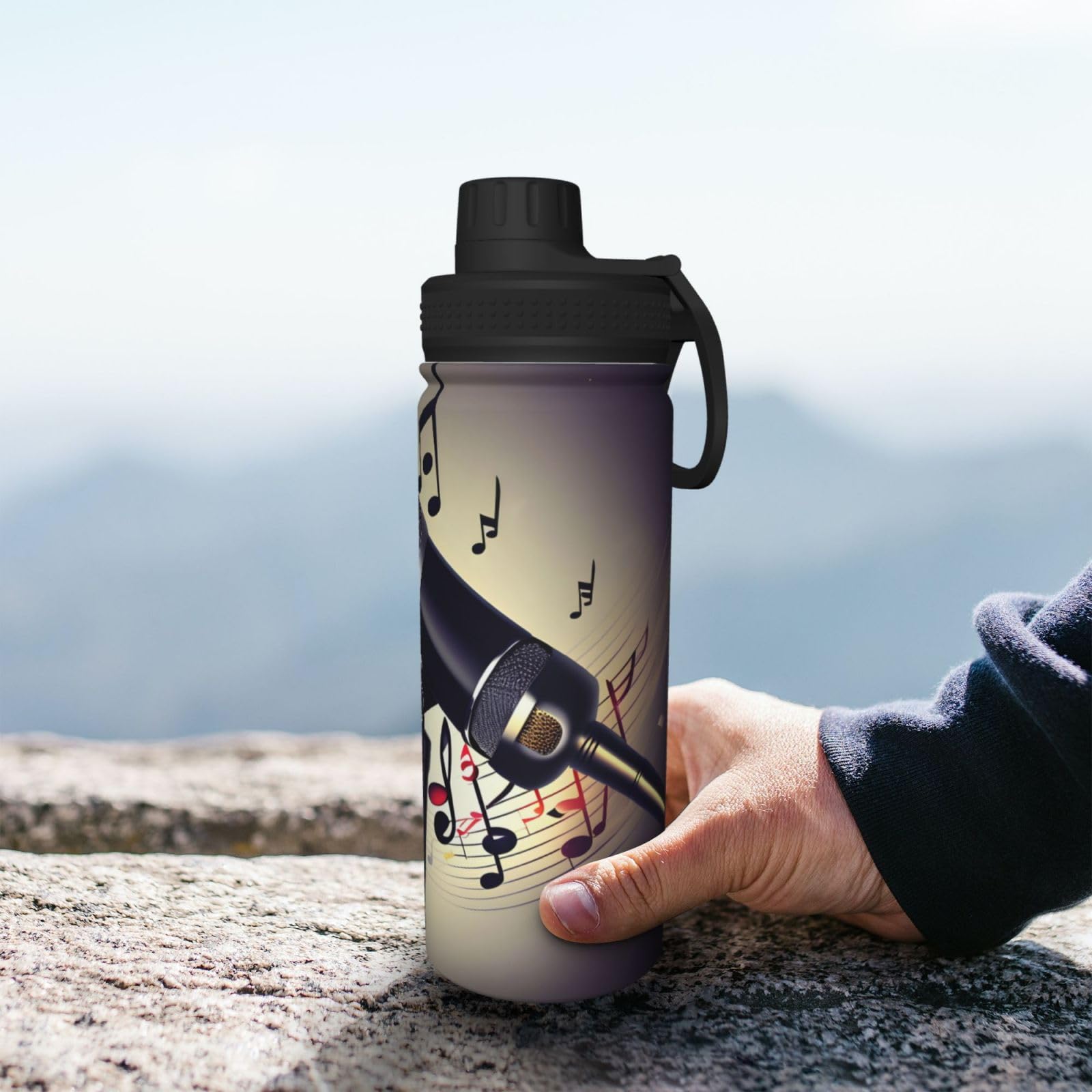 HJLUUFT Stainless Steel Insulated Sports Water Bottle with Built-in Mic & Music Notes - Perfect for Outdoor Activities, Commuting & Gym Workouts