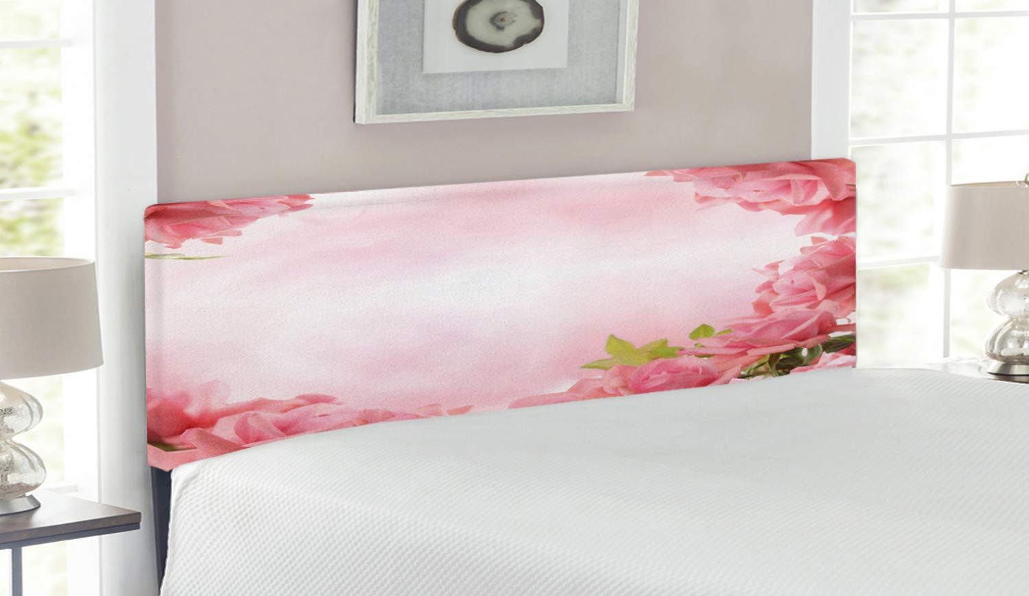 Ambesonne Valentine Upholstered Headboard - Romantic Roses & Leaves Design, Queen Size Bridal Wedding Bed Frame with Memory Foam - Pink Coral Green - Perfect for Master Bedroom Decor & Romantic Home Styling