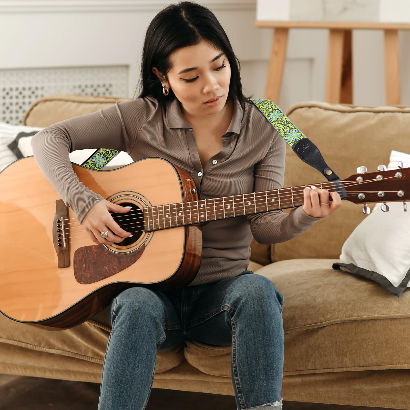 Premium Jacquard Embroidered Cotton Guitar Strap with Genuine Leather Ends - Adjustable Shoulder Strap for Bass, Acoustic & Electric Guitars - Perfect for Live Performances, Studio Sessions & Music Practice