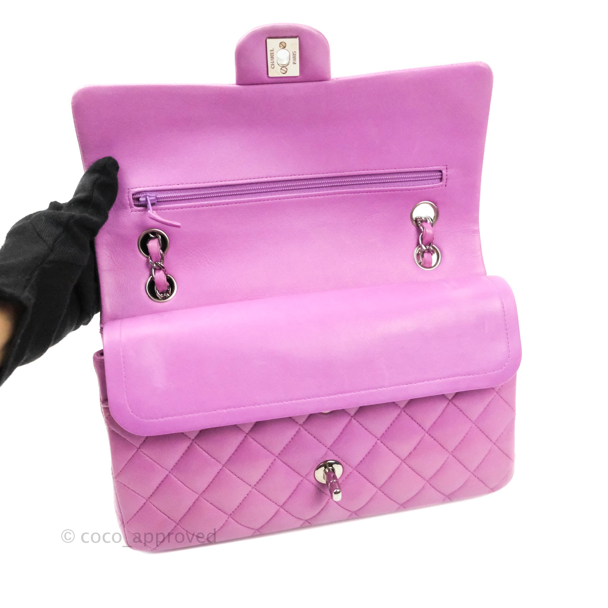 Chanel Classic M/L Medium Double Flap Bag in Purple Lambskin Leather with Silver Hardware - Luxury Handbag for Women, Perfect for Evening Events & Special Occasions