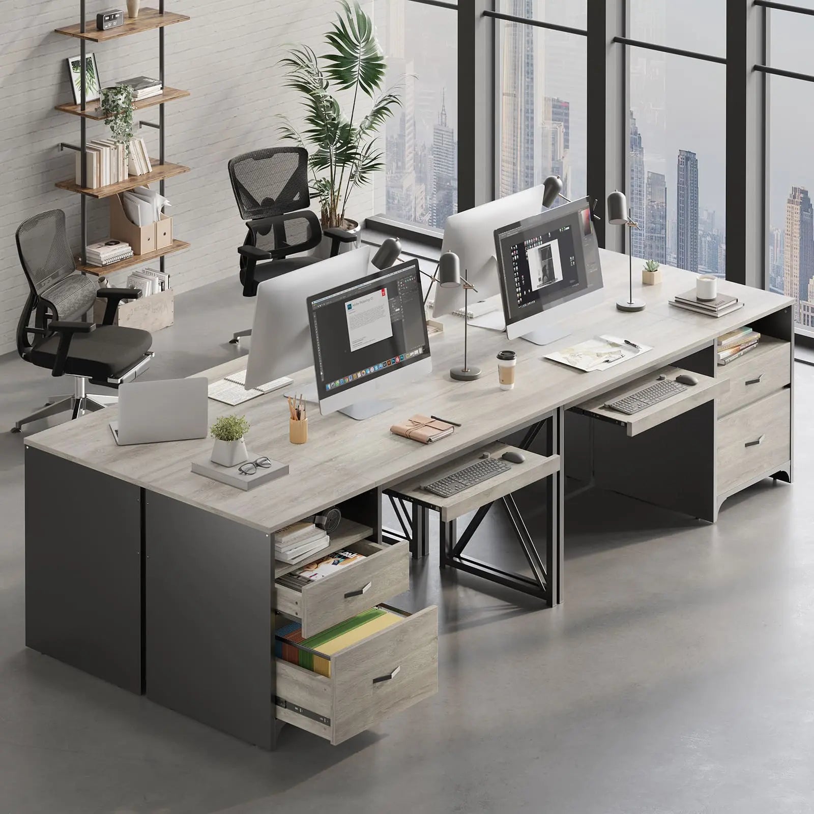 Bestier 55 Inch Industrial Office Computer Desk with Storage Shelf - Modern L-Shaped Writing Desk for Home Office, Gaming & Study - Sturdy Metal Frame Workstation with Drawers & Open Storage Space