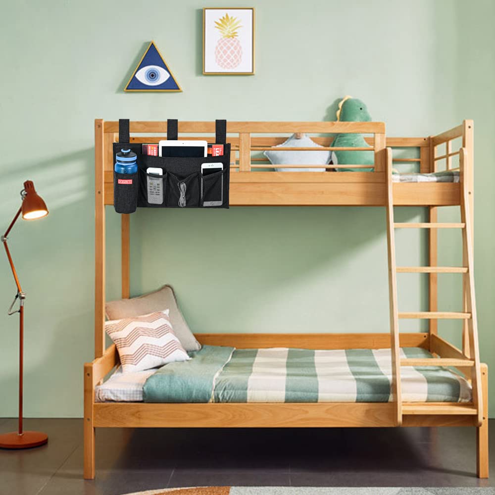 Linen Bedside Caddy with 5 Pockets - Black Bedside Storage Organizer for Hospital Beds, College Dorm Rooms & Baby Cribs | Perfect for Holding Books, Phones, Remote Controls & Essentials
