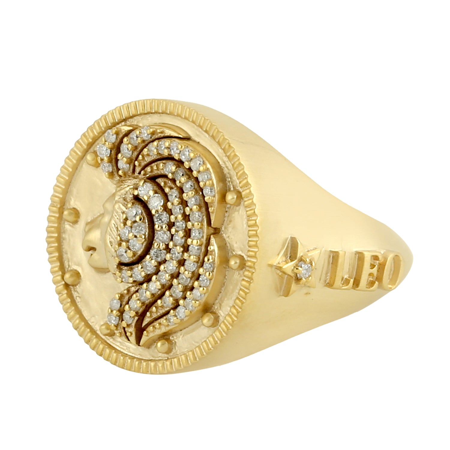 14K Yellow Gold Leo Zodiac Signet Ring with Pave Diamonds for Men & Women - Perfect for Birthdays, Gifts & Astrology Jewelry Lovers