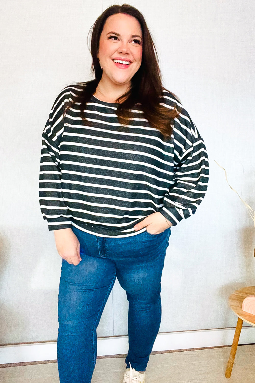 Stylish Charcoal Striped Terry Banded Dolman Pullover Sweater for Women - Cozy & Fashionable Loungewear for Casual Outings and Relaxing at Home