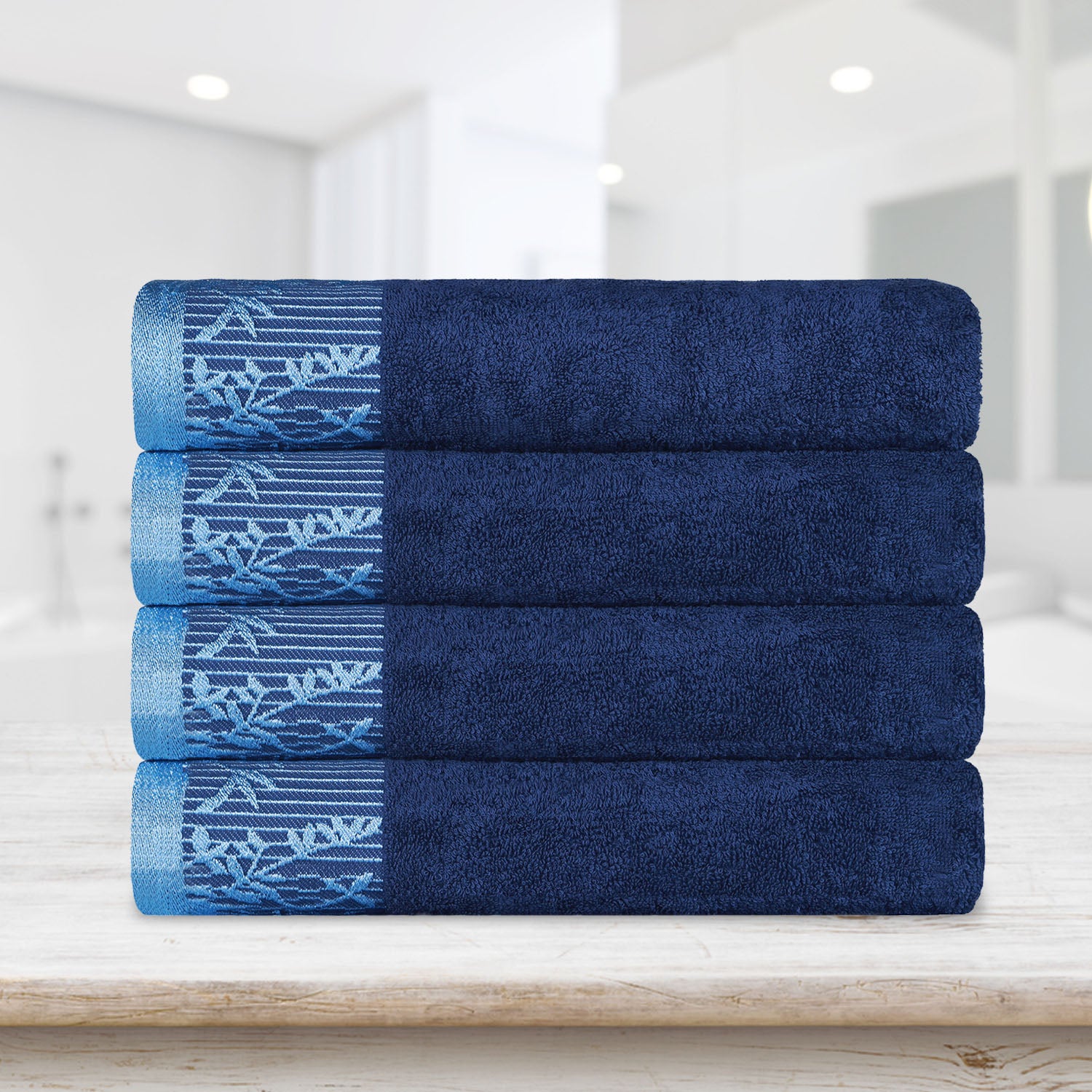 Premium Wisteria Cotton Floral Embroidered Jacquard Border Bath Towel Set of 4 - Ultra Soft & Absorbent Luxury Towels for Spa, Bathroom & Guest Use