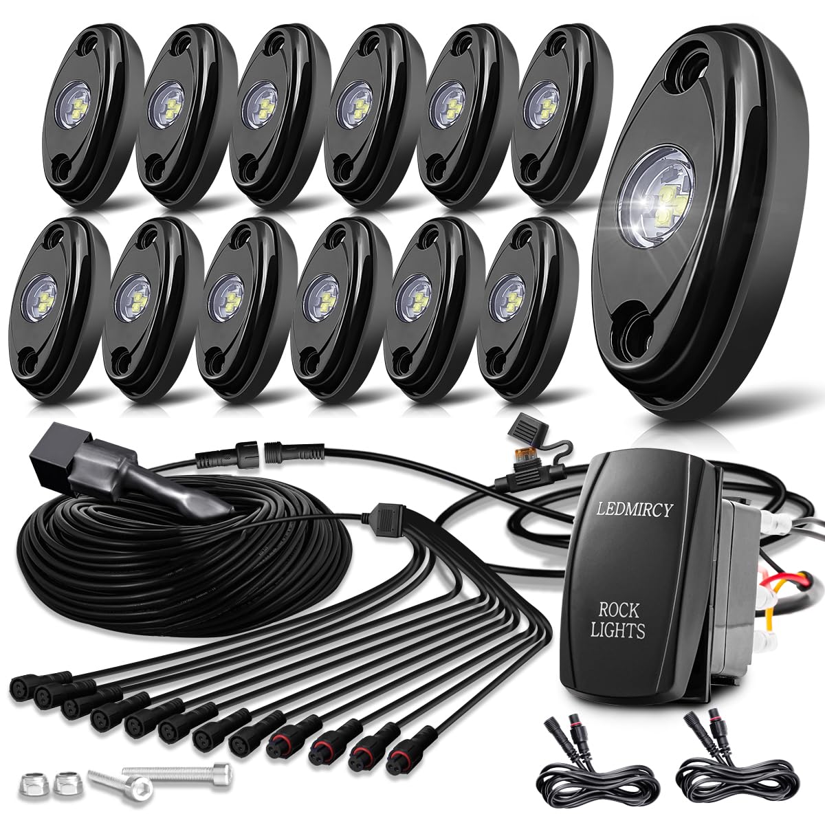 R1 Pure White LED Rock Lights Kit - 12PCS High Power Waterproof Underglow Lights with Roker Switch & Wire Harness for Trucks, Off-Road ATV, UTV, SUV | Perfect for Night Off-Roading, Car Shows & Custom Vehicle Lighting