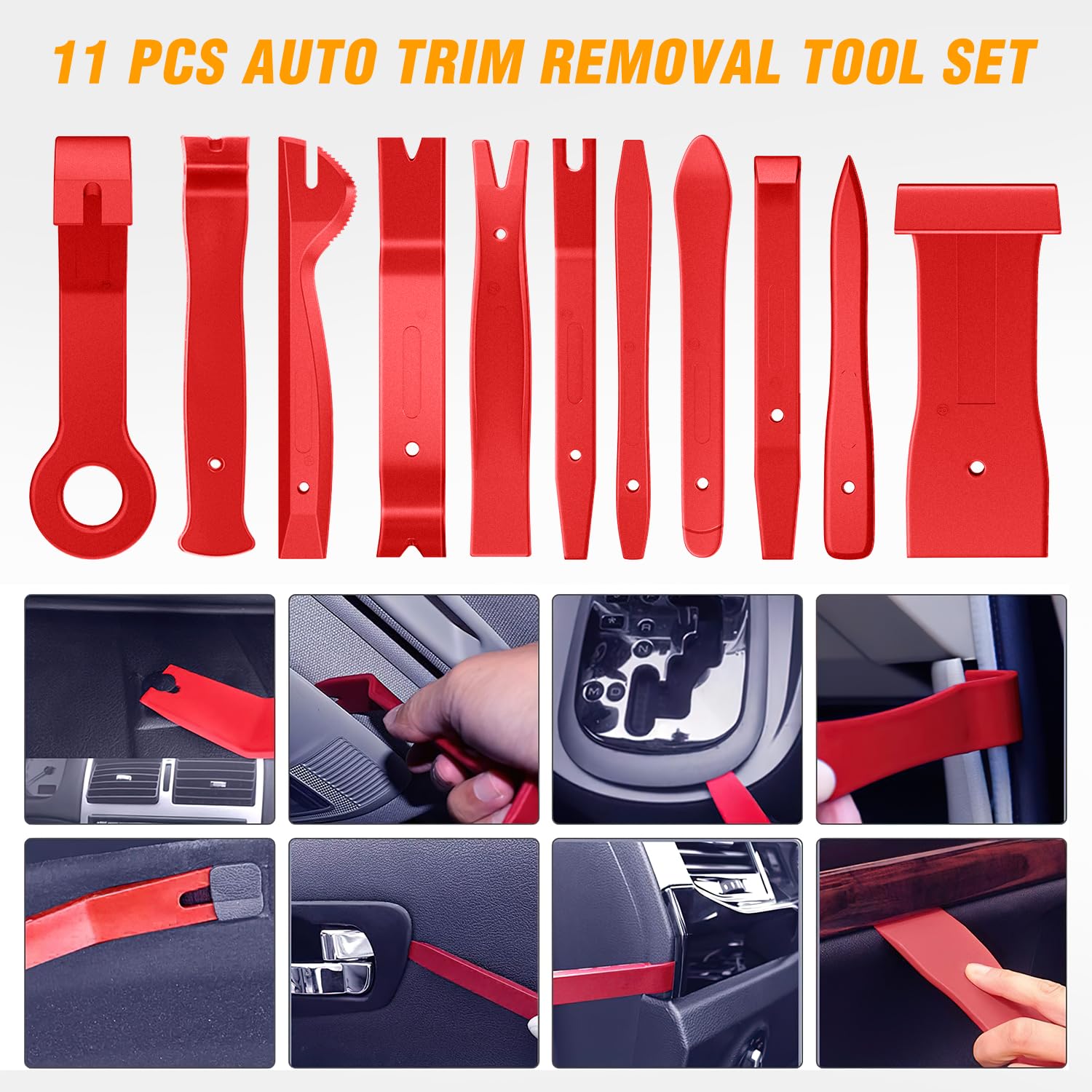 GOOACC 11PCS Auto Trim Removal Tool Kit - No Scratch Car Audio Dash & Window Molding Fastener Remover Set (Red) | Perfect for Car Stereo Installation & Interior Detailing