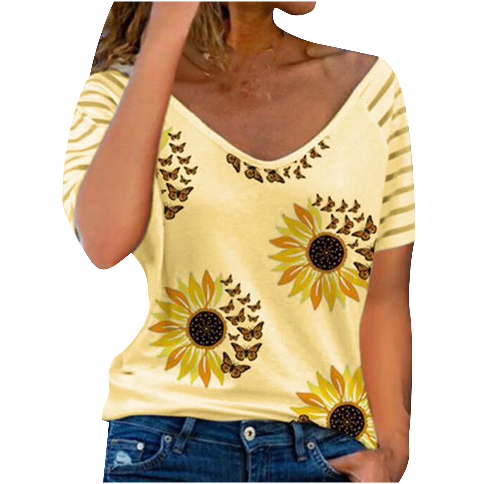 Women's Sunflower V-Neck Casual T-Shirt - Soft Basic Tee for Women, Loose Fit Summer Tank Top | Perfect for Beach Outings, Weekend Wear & Casual Everyday Style