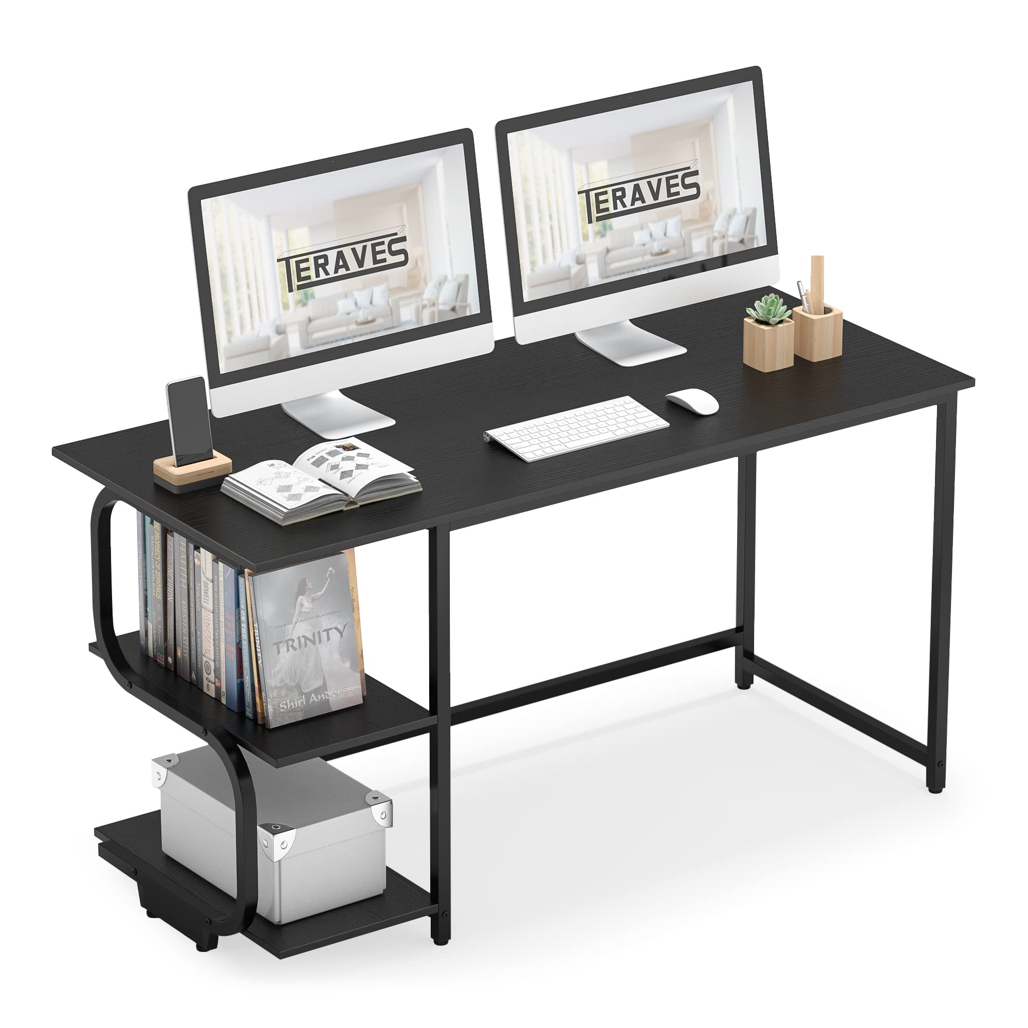 Teraves 47-inch Reversible Small Computer Desk with Shelves - Space-Saving Gaming Desk, Home Office Desk & Bedroom Study Desk for Compact Spaces | Perfect for Gaming Setups, Remote Work & Small Apartments