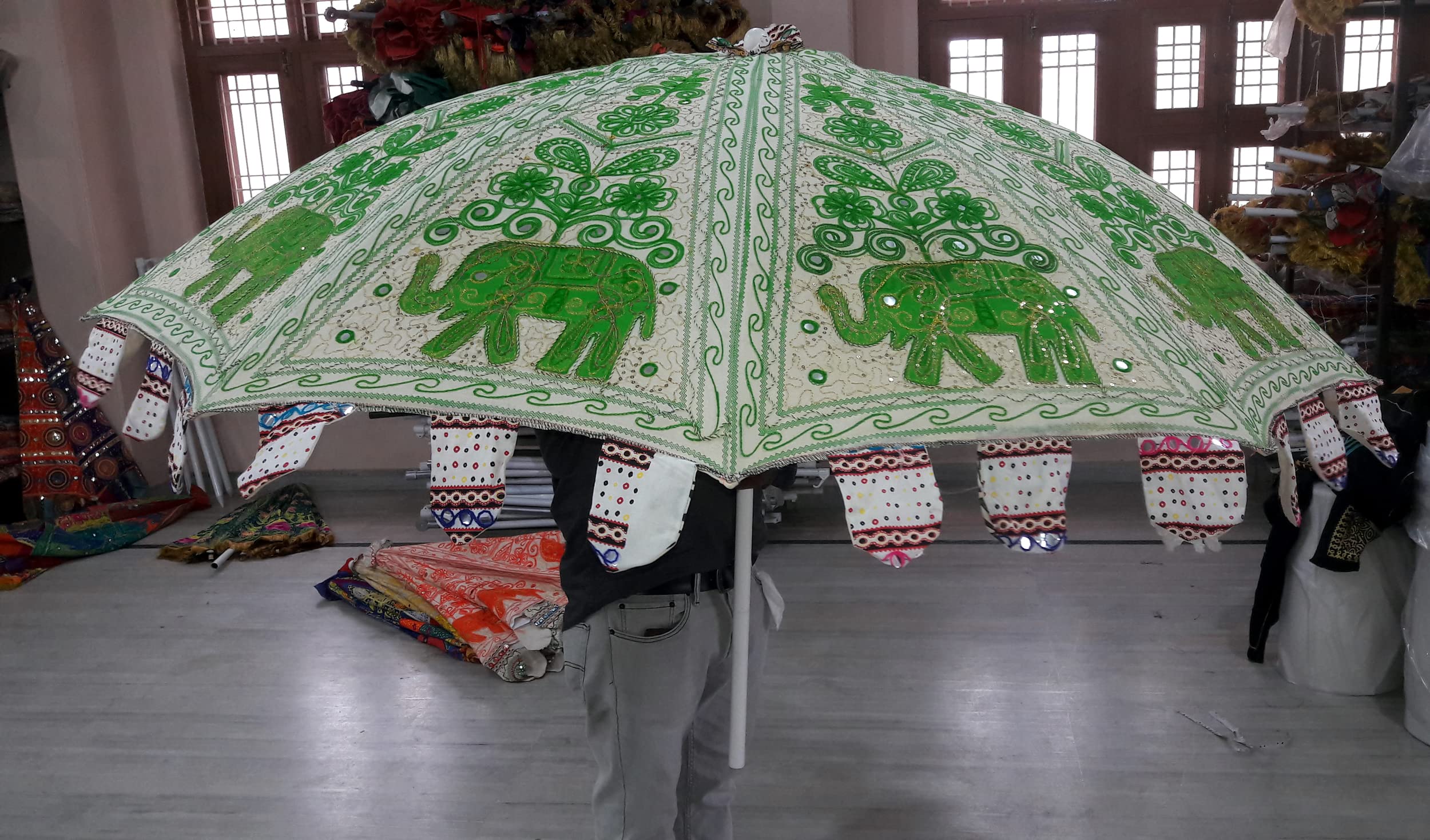 Handmade Indian Elephant Boho Umbrella - Cotton Embroidery UV Protection Sun Parasol for Beach, Wedding & Bohemian Decor | Hippie Gypsy Style Green Elephant Design | Perfect for Outdoor Festivals, Garden Parties & Tropical Vacations