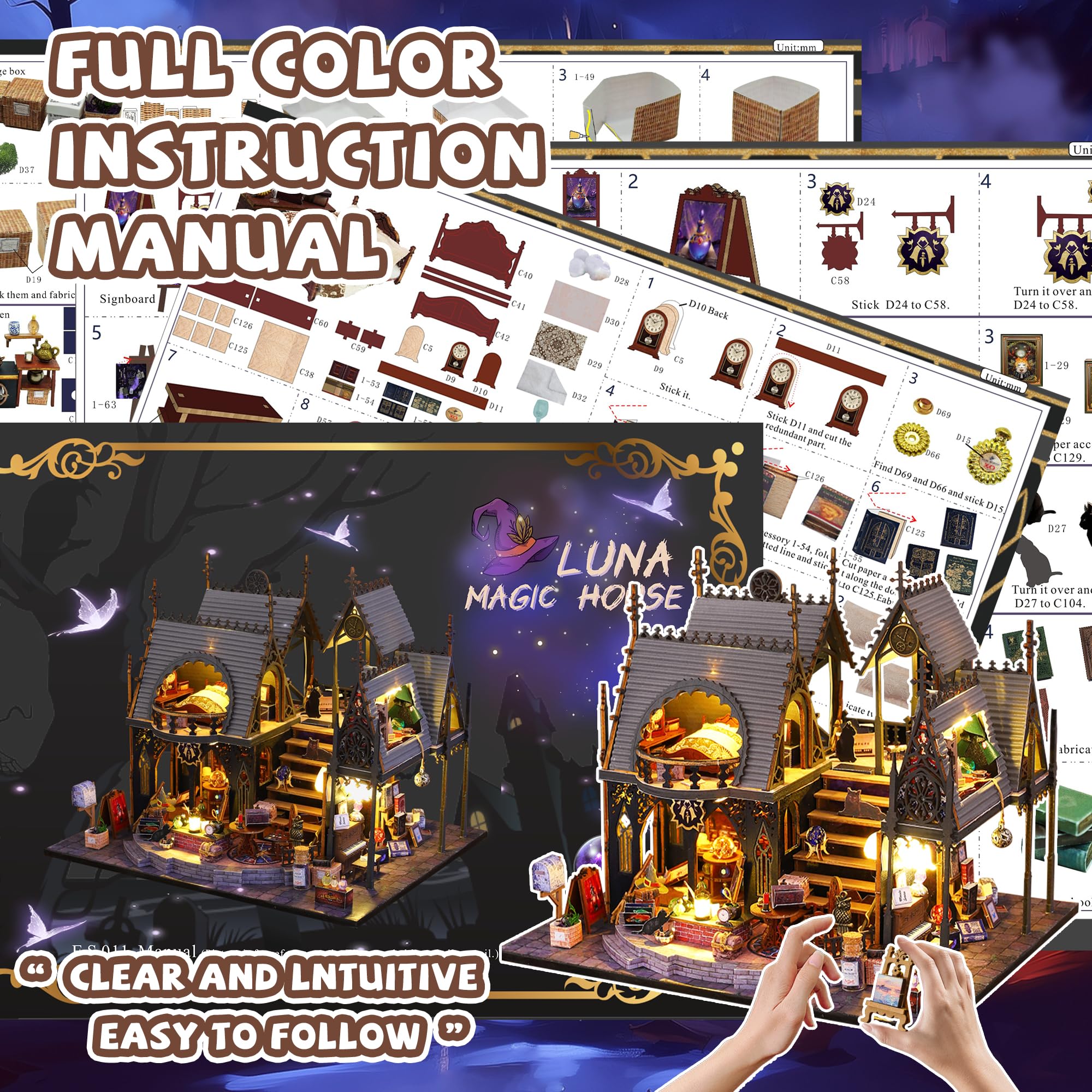 DIY Wooden Mini House Building Kit - 1:36 Scale Dollhouse Miniature Furniture & Accessories for Teens & Adults (Luna Magic House) | Creative Gift, Home Decor & Collectible for Hobbyists