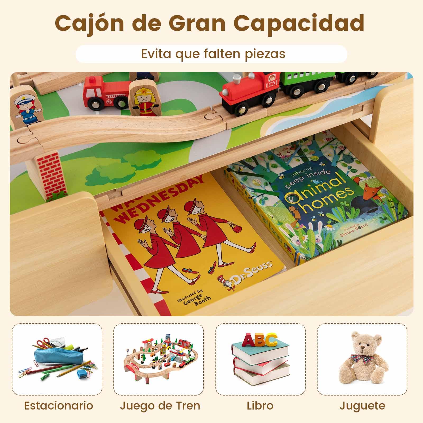 COSTWAY Solid Wood Train Table Set with 84-Piece Track, Storage Drawer & Natural Wooden Train Play Table for Kids Ages 3+ (97x62.5x39.5cm) - Perfect for Preschool Playrooms, Daycare Centers & Toddler Gift Ideas