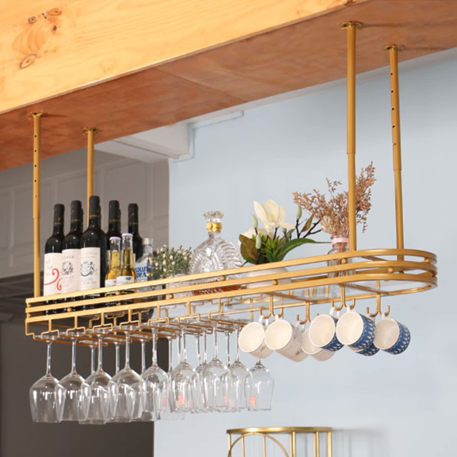 Vintage Metal Ceiling Hanging Wine Rack - Adjustable Height & Width (100x25cm) for Under Cabinet Kitchen Bar - Wine Bottle Storage Holder with Stemware Glass Shelf | Perfect for Home Bars, Restaurants & Wine Cellars