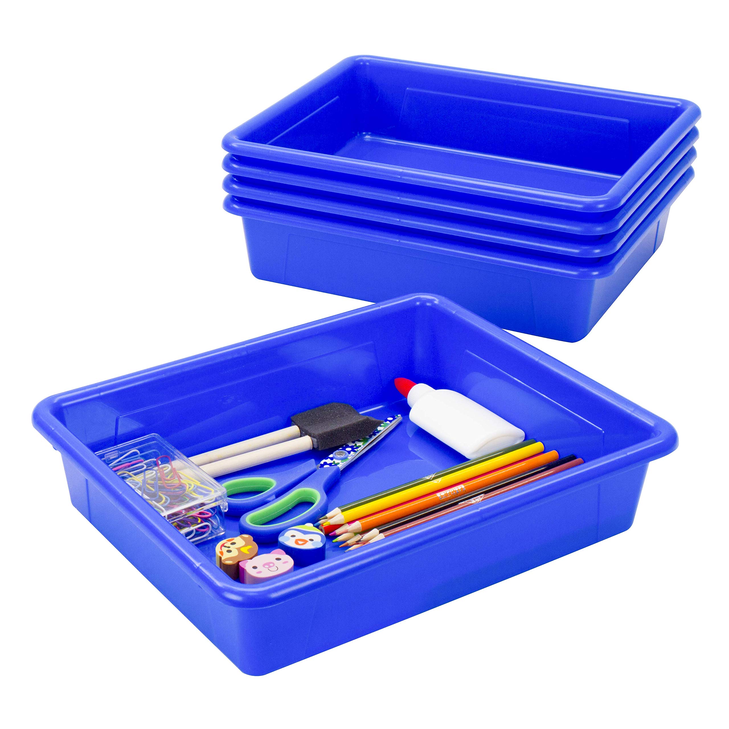 Storex Letter Size Flat Storage Tray - 5-Pack Blue Organizer Bins for Classroom, Office & Home | File Organizer, Paper Tray, Desk Storage Solution | Perfect for Teachers, Students & Office Workers