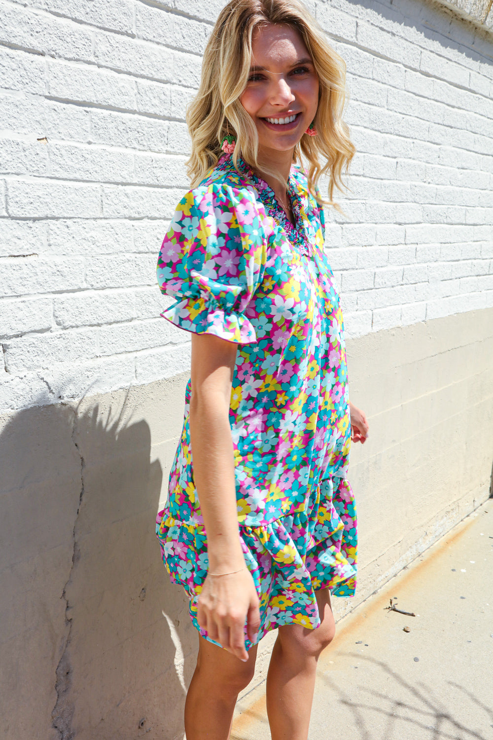Elegant Blue Smocked Notch Neck Babydoll Floral Print Dress - Perfect for Summer Parties, Weddings & Date Nights