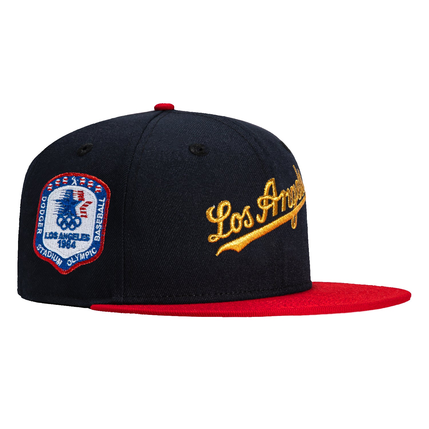 New Era 59Fifty Los Angeles Dodgers 1984 Olympic Patch Script Hat - Navy, Red & Gold Baseball Cap for Men - Perfect for Dodgers Games, Sports Events & Casual Wear