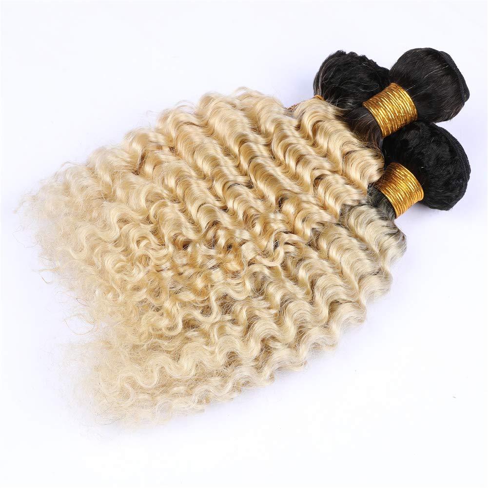 613 Deep Wave Human Hair Bundles with Dark Roots | Ombre Blonde Peruvian Virgin Hair Extensions 10-30 Inch (20 22 24 26 Inch) | Perfect for Curly Weaves, Protective Styles & Volume Boosting