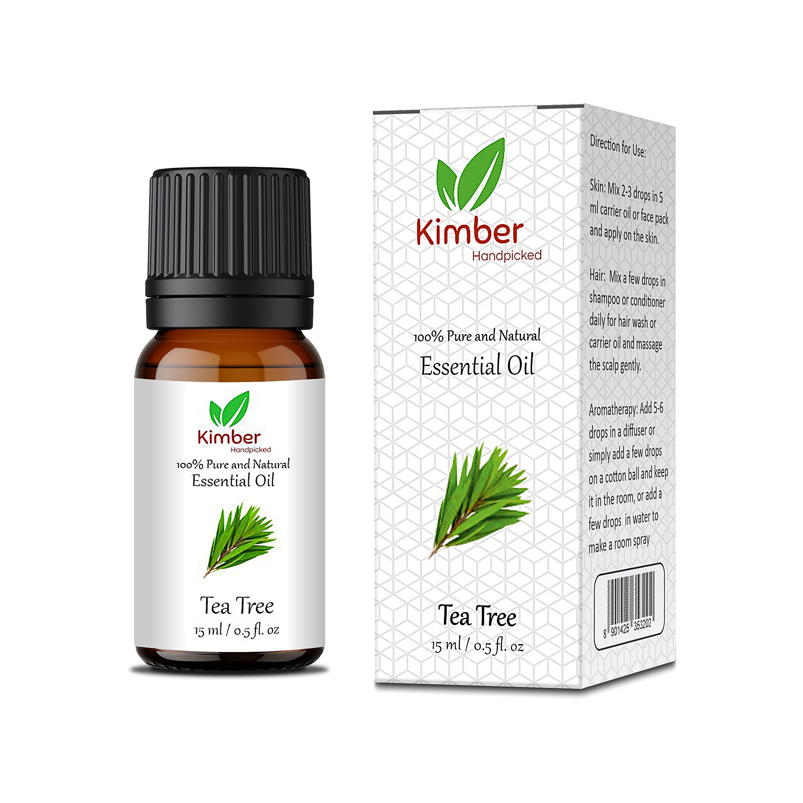 Kimber Tea Tree Essential Oil 100% Pure & Natural - Undiluted Therapeutic Grade for Skin, Hair, Face & Acne Care (15ml) - Perfect for Aromatherapy, DIY Beauty & Home Remedies