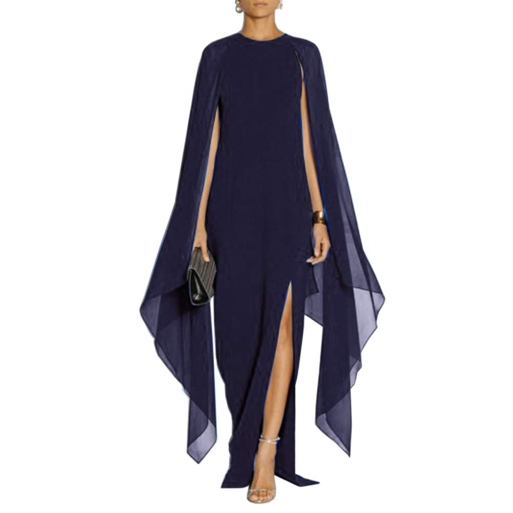 Elegant Women's High Slit Flare Sleeve Formal Evening Gown with Detachable Cape - Perfect for Prom, Gala, Wedding & Black Tie Events