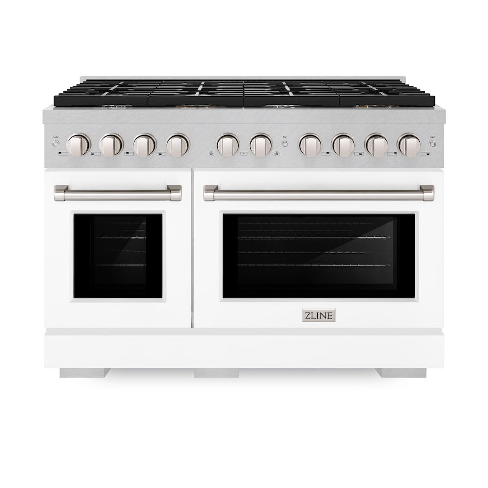 ZLINE 48-Inch 6.7 cu.ft Dual Fuel Range with 8-Burner Gas Cooktop - Satin Stainless Steel & White Matte Doors (SDRS-WM-48) | Professional Double Oven for Home Chefs & Large Family Cooking