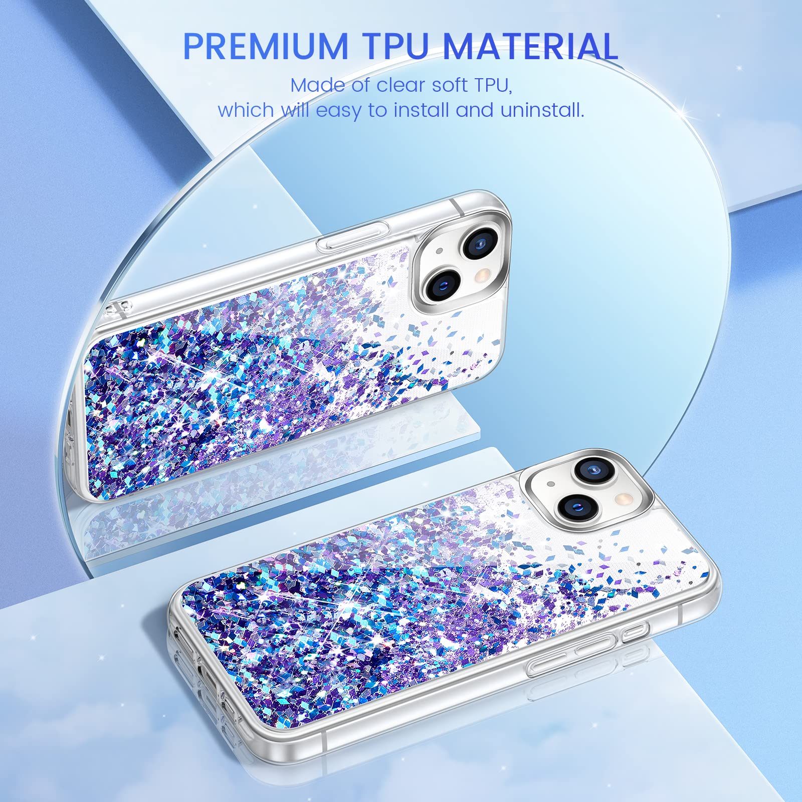 Caka Glitter Phone Case Compatible with iPhone 13 Mini (5.4 Inch) - Sparkling Floating Quicksand Waterfall Clear Soft TPU Cover for Women (Blue Purple) | Perfect for Everyday Use, Parties & Gift Giving