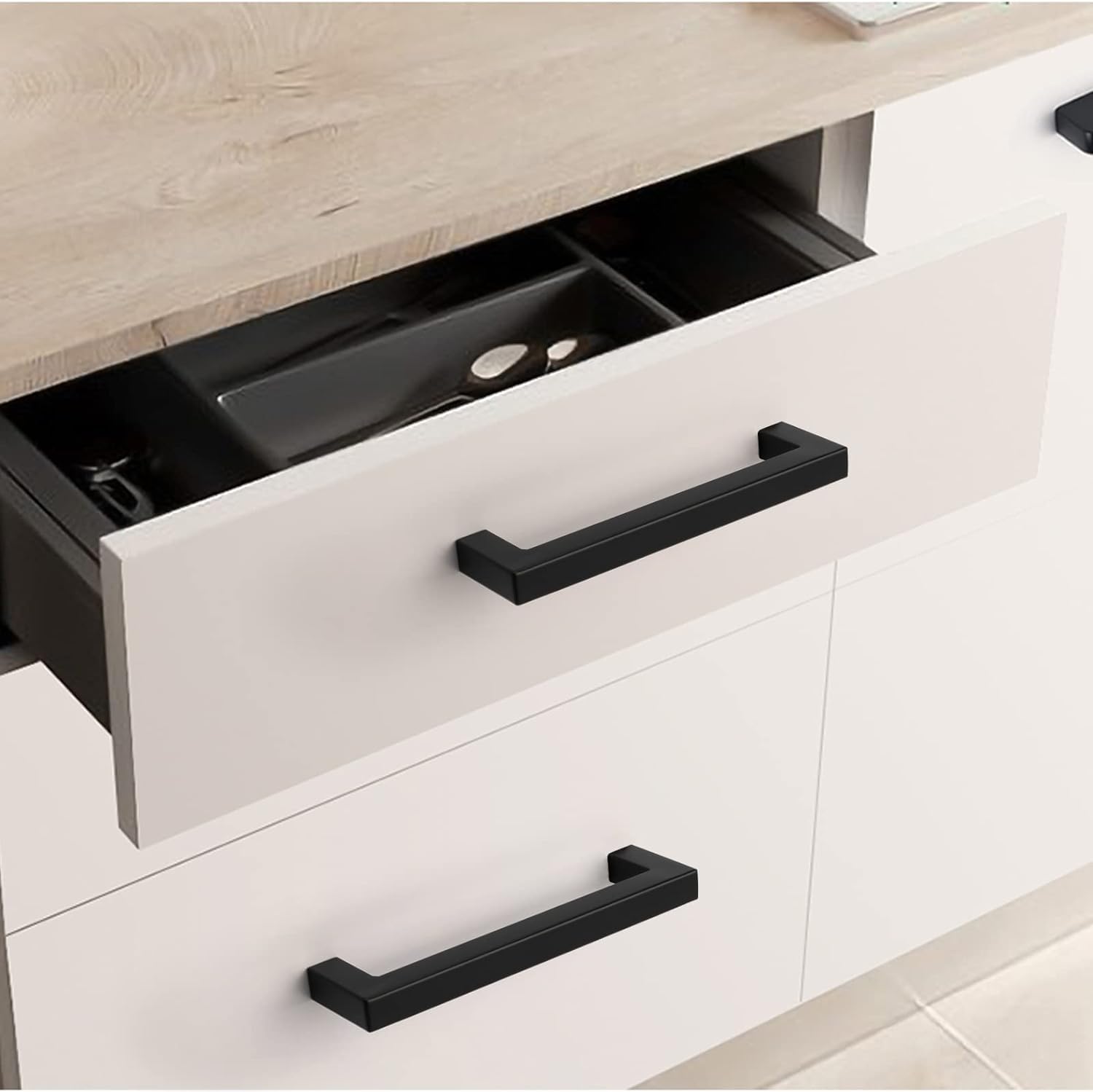GoldenWarm 2 Pack Black Square Cabinet Pulls - 102mm/4 Inch Hole Center Stainless Steel Drawer Handles - Modern Kitchen & Dresser Hardware for Cabinets, Drawers, Wardrobes & Furniture (Perfect for Home Renovation & DIY Projects)
