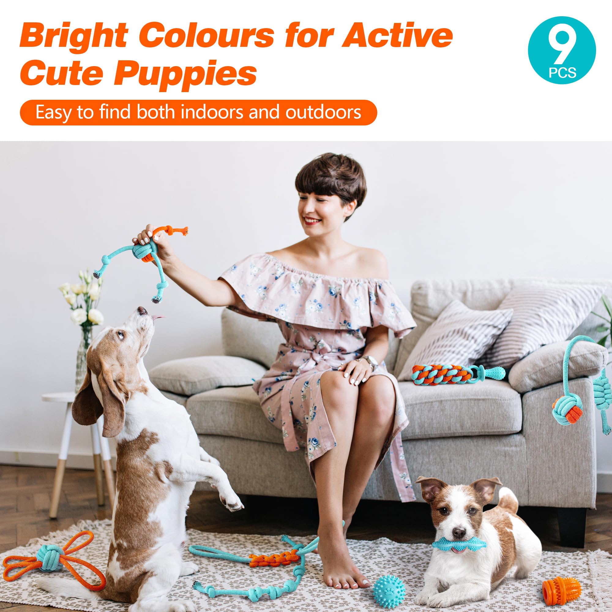 **Ystars 9-Piece Indestructible Puppy Chew Toys for Small to Medium Dogs (8-38 Weeks) – Teething Relief, Interactive Play, Tug of War – Perfect for Energetic Puppies & Training**    *(Ideal for teething puppies, playtime bonding, and energy release during training sessions!)*