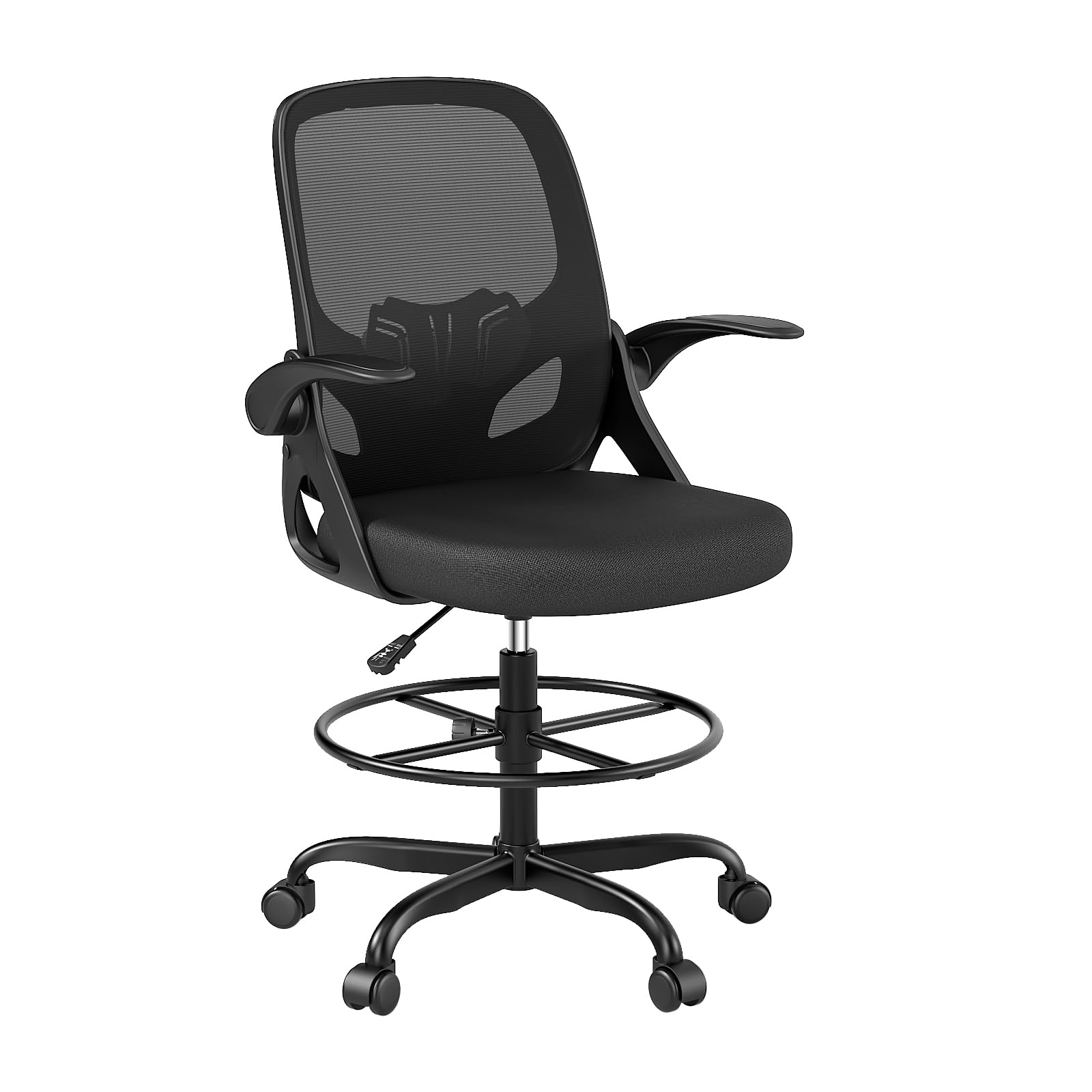Ergonomic Tall Drafting Chair with Footrest Ring - Adjustable Height Office Chair with Flip-Up Arms & Lumbar Support for Home & Work (Black) - Perfect for Architects, Artists & Long Work Sessions at Standing Desks