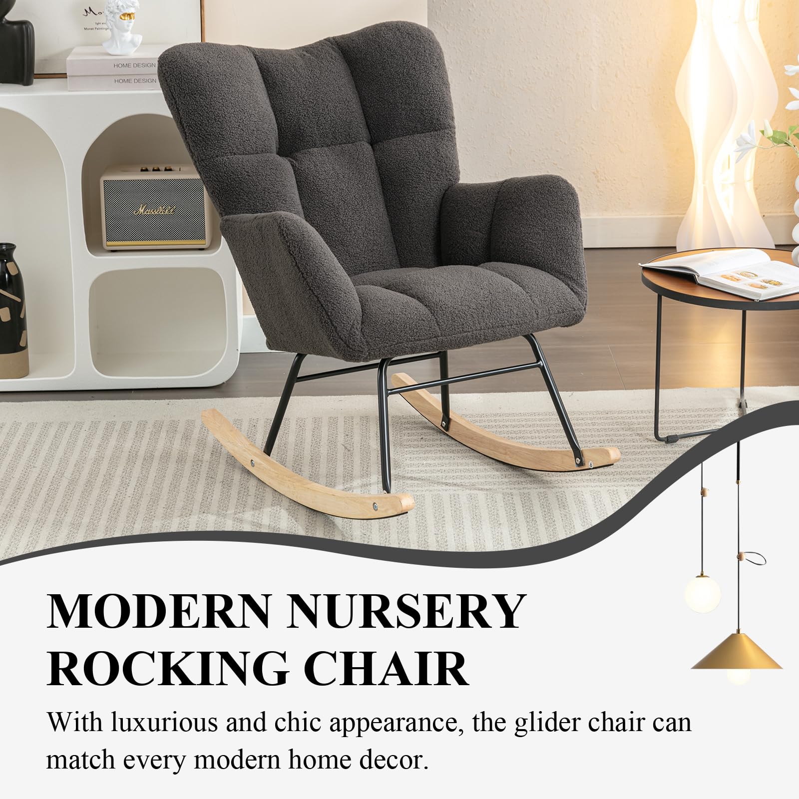 **Nursery Rocking Chair - Teddy Upholstered Glider Rocker with High Backrest, Metal Legs, Accent Armchair for Living Room, Nursery, or Reading - Dark Gray - Perfect for Relaxing, Nursing, and Storytime**