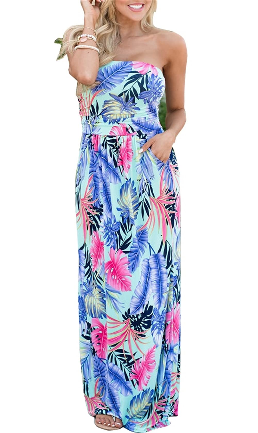 PRIMODA Women's Strapless Tube Top Maxi Dress - Floral Boho Beach Dress with Pockets | Summer Vacation, Pool Party, Beach Wedding, Casual Outing