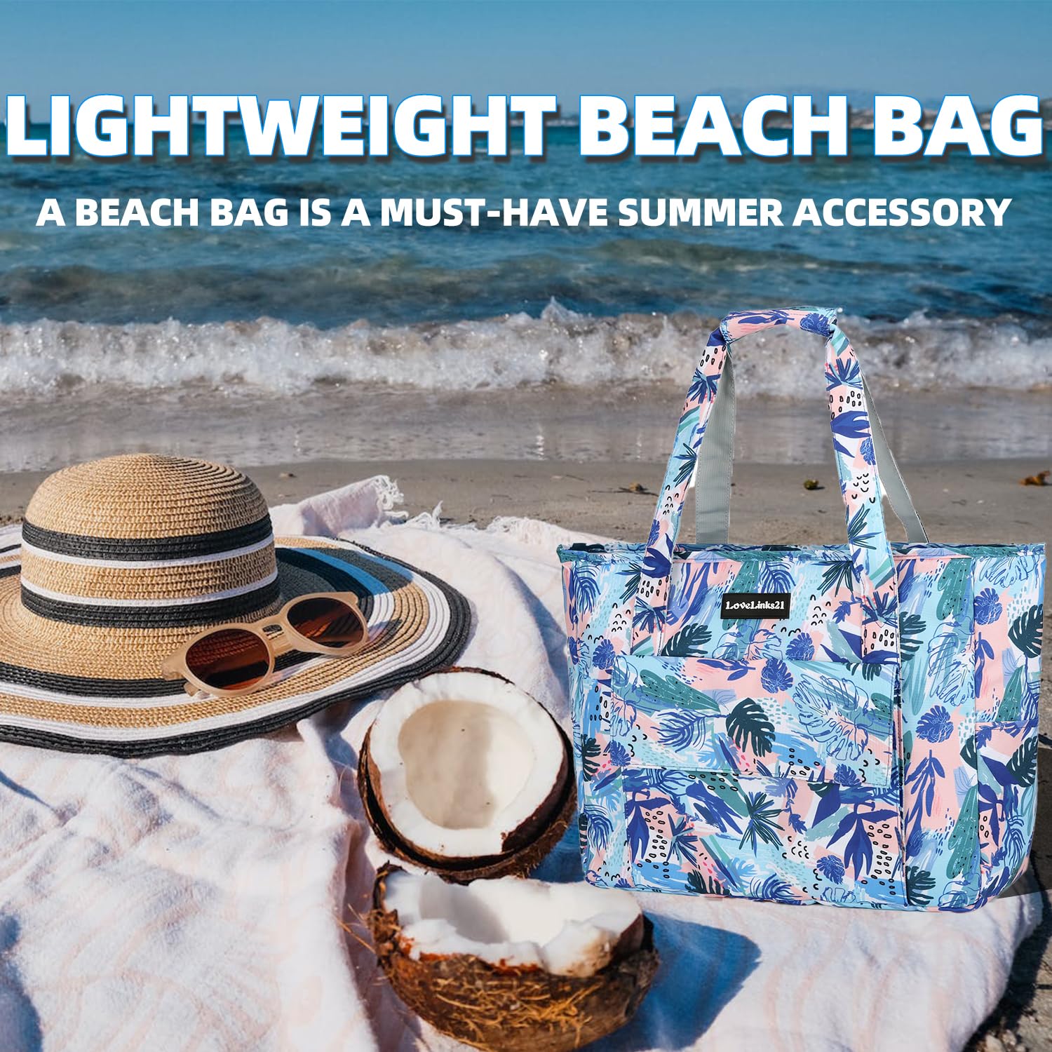 Waterproof Sand Resistant Beach Tote Bag for Women - Large Zippered Pool Bag with Wet Pockets - Perfect for Gym, Grocery Shopping, Travel & Beach Days