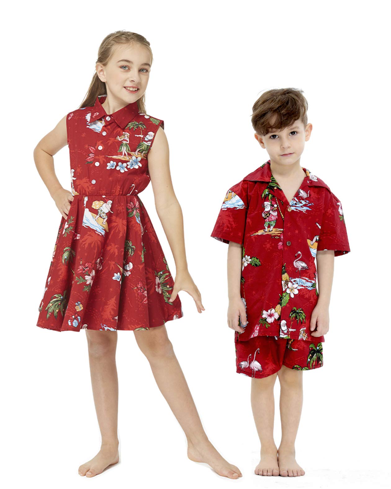**Hawaiian Luau Matching Siblings Outfit - Santa in Hawaii Themed Girl Shirt Dress & Boy Shirt for Family Vacation, Christmas Party, and Tropical Photo Shoots**