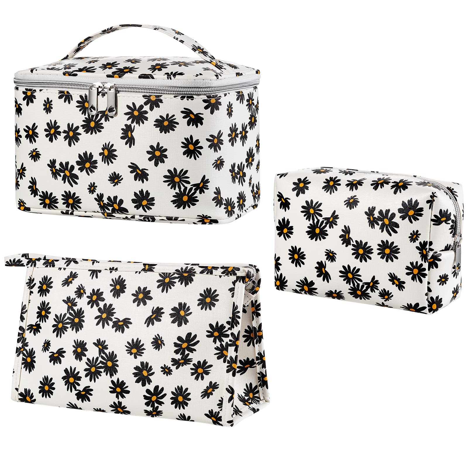 HooOriana 3-Piece Cute Daisy Makeup Bag Set for Women - Small Travel Cosmetic & Toiletry Organizer (White) - Perfect for Travel, Gym, and Daily Beauty Essentials