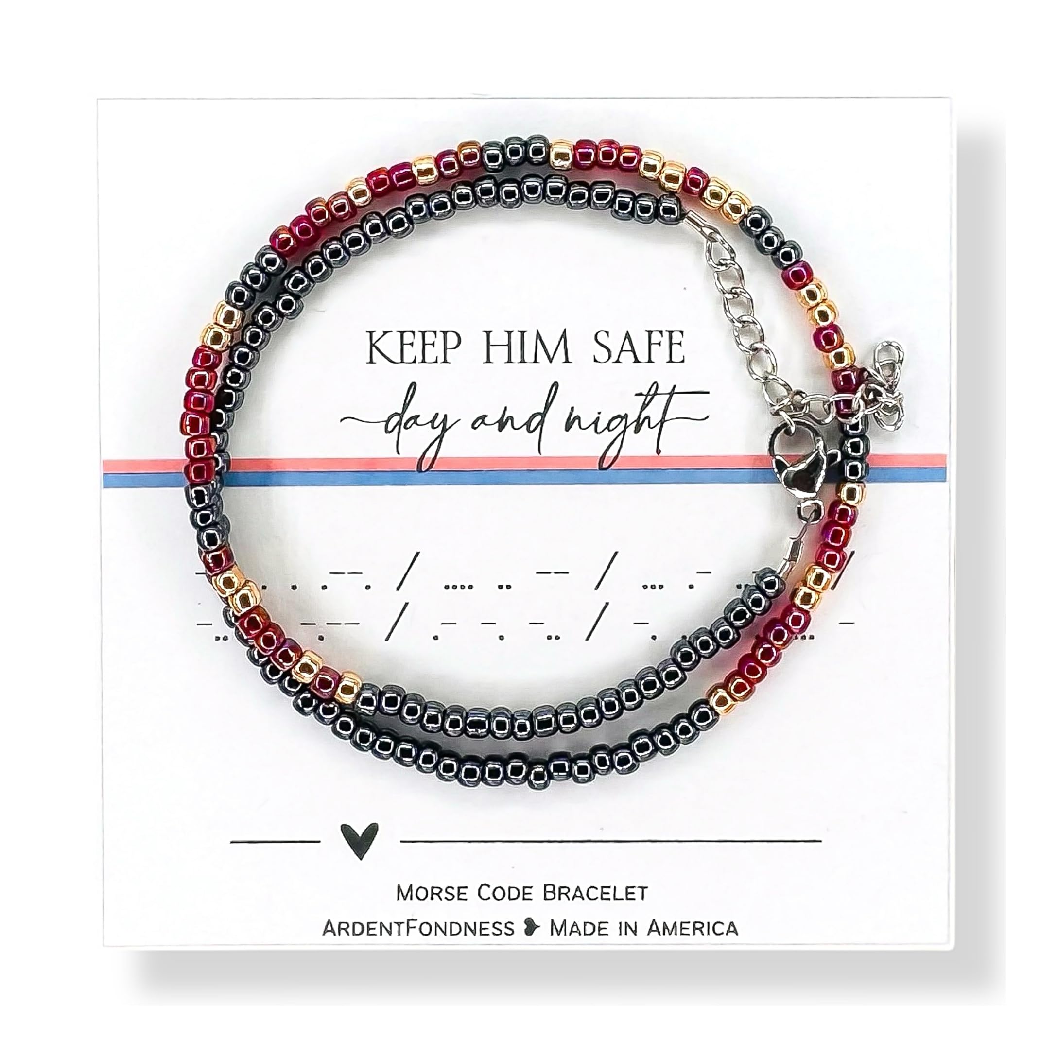 Morse Code Beaded Wrap Bracelet for Military Mom - Deployment Gift for Wife, Girlfriend, Sister, Best Friend - Prayer Stay Safe Navy Gold & White Bracelet - Perfect for Deployment, Homecoming, Military Appreciation Events