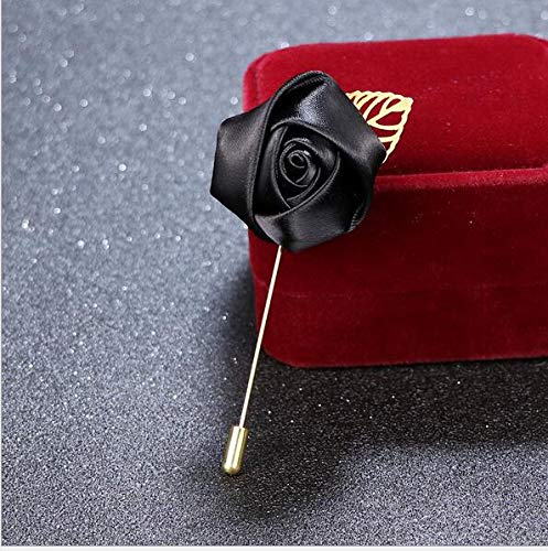 10Pcs Red Silk Satin Rose Boutonniere - Artificial Dried Flower Groom Corsage Pin for Men's Suit, Wedding, Prom & Formal Events - Brooch Style Buttonhole Flower (Black)
