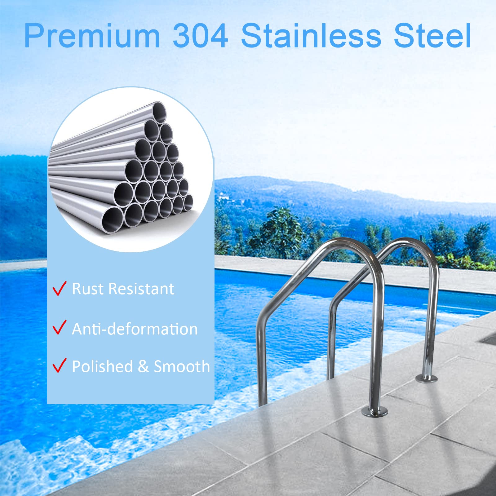 DOEL 2-Step Stainless Steel Pool Ladder for In-Ground Swimming Pools | 304 Stainless Steel | Non-Slip Design | 440lb Weight Capacity | Perfect for Easy Pool Entry & Exit, Backyard Swimming Safety
