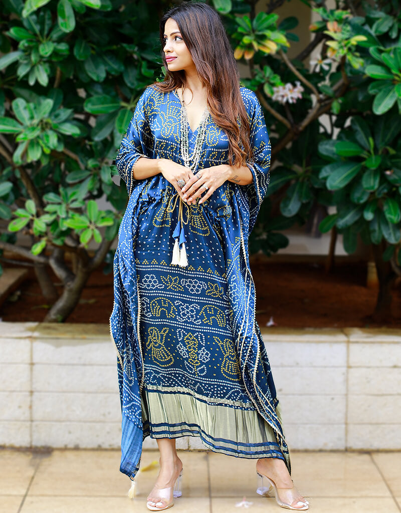 Elegant Blue Designer Party Wear Kaftan - Pure Gaji Silk Maxi Dress for Women - Perfect for Evening Parties, Weddings & Special Occasions