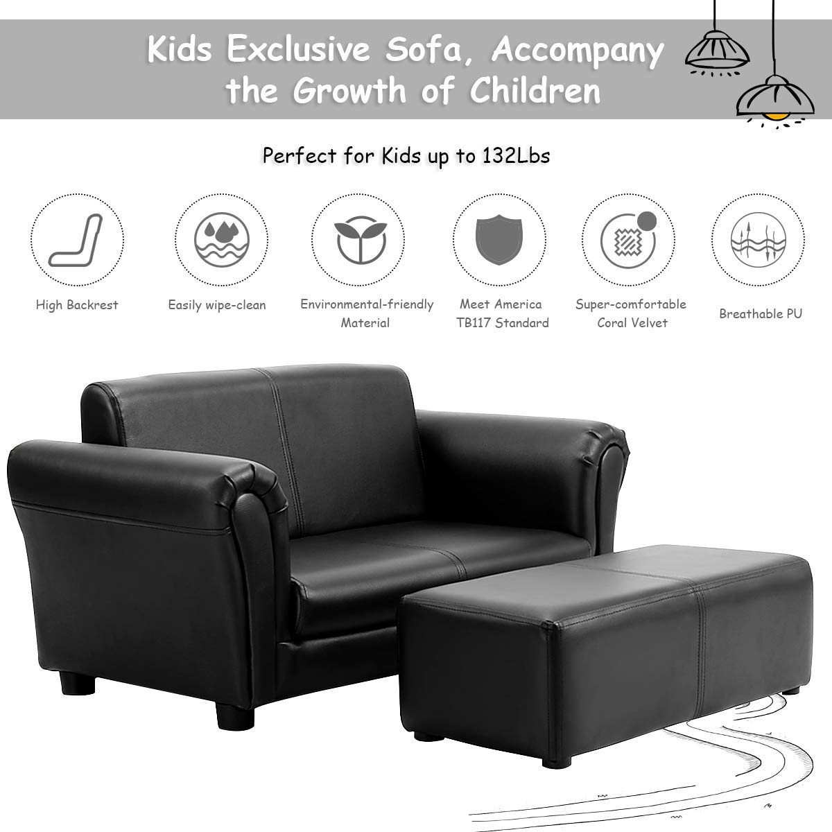 Costzon 2-in-1 Kids Couch with Footstool - Double Seat Children's Sofa with PU Leather Surface, Armrest Chair Lounge - Soft Toddler Sofa for Boys & Girls - Perfect for Preschool Bedroom, Playroom & Birthday Gifts (Black)