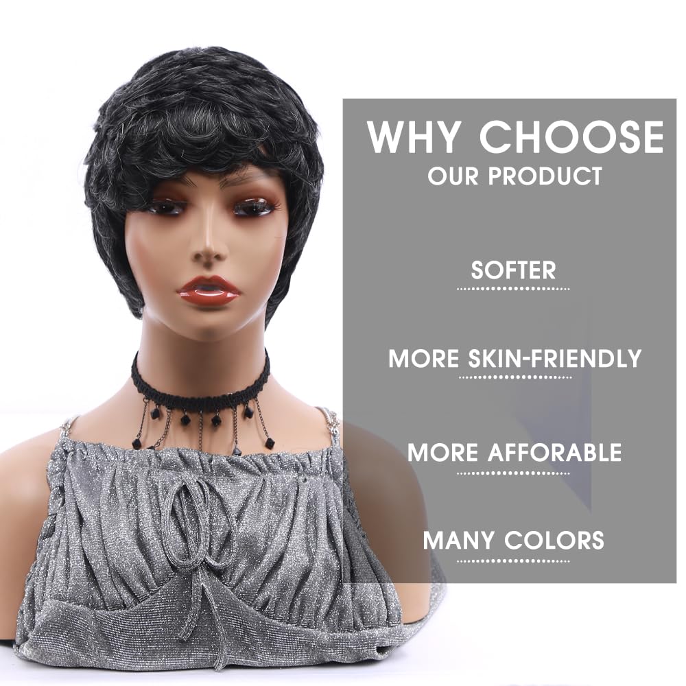 Short Pixie Wigs for Women - Black & Gray Synthetic Curly Hair Wig | Fashionable Full Wig Replacement for Everyday Wear & Cosplay | Perfect for Parties, Halloween & Costume Events