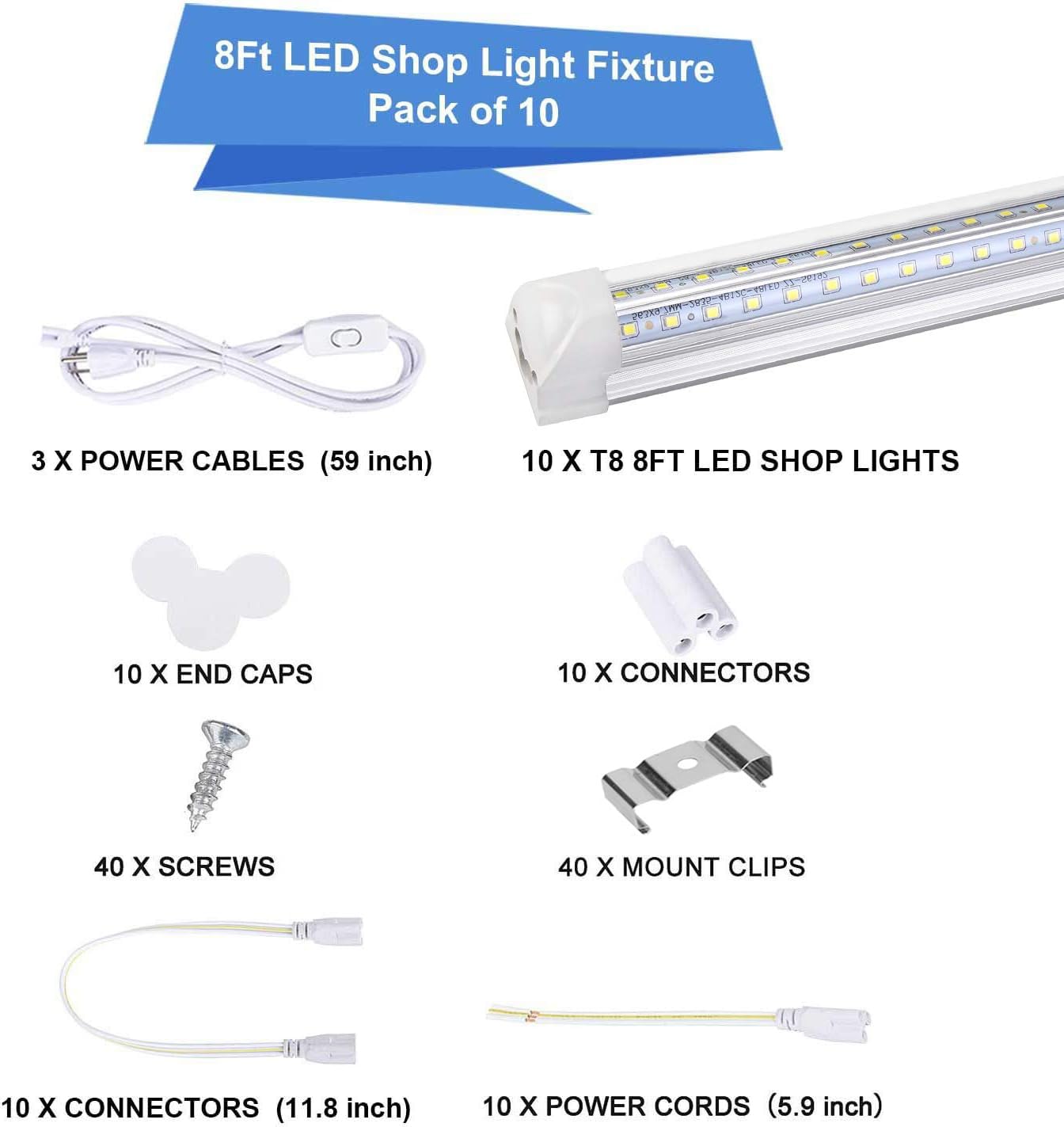 8FT LED Shop Light Fixture - 10 Pack White T8 Integrated Tube Lights, 72W 9500LM 6500K High Output with Clear Cover, V-Shape 270° Lighting for Garage, Warehouse & Workshop - Plug & Play Upgrade - Perfect for Industrial Spaces, Retail Stores and Home Garages