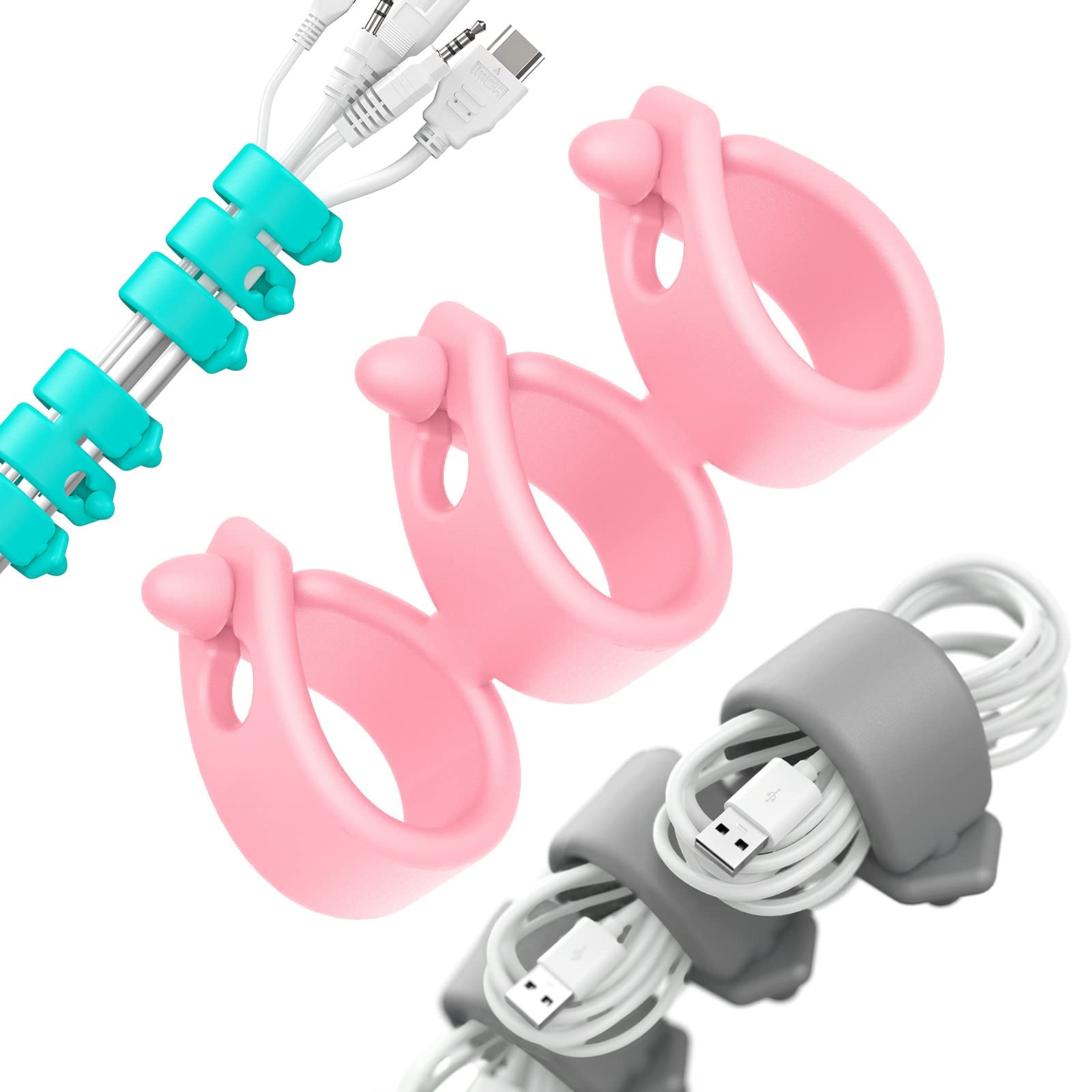 ELFRhino 3 Pack Reusable Cable Organizer Straps - Multipurpose Cord Protector for Earbuds, Headphones, Chargers | Tangle-Free Cable Management (Grey/Pink/Blue) | Perfect for Travel, Office & Home Use