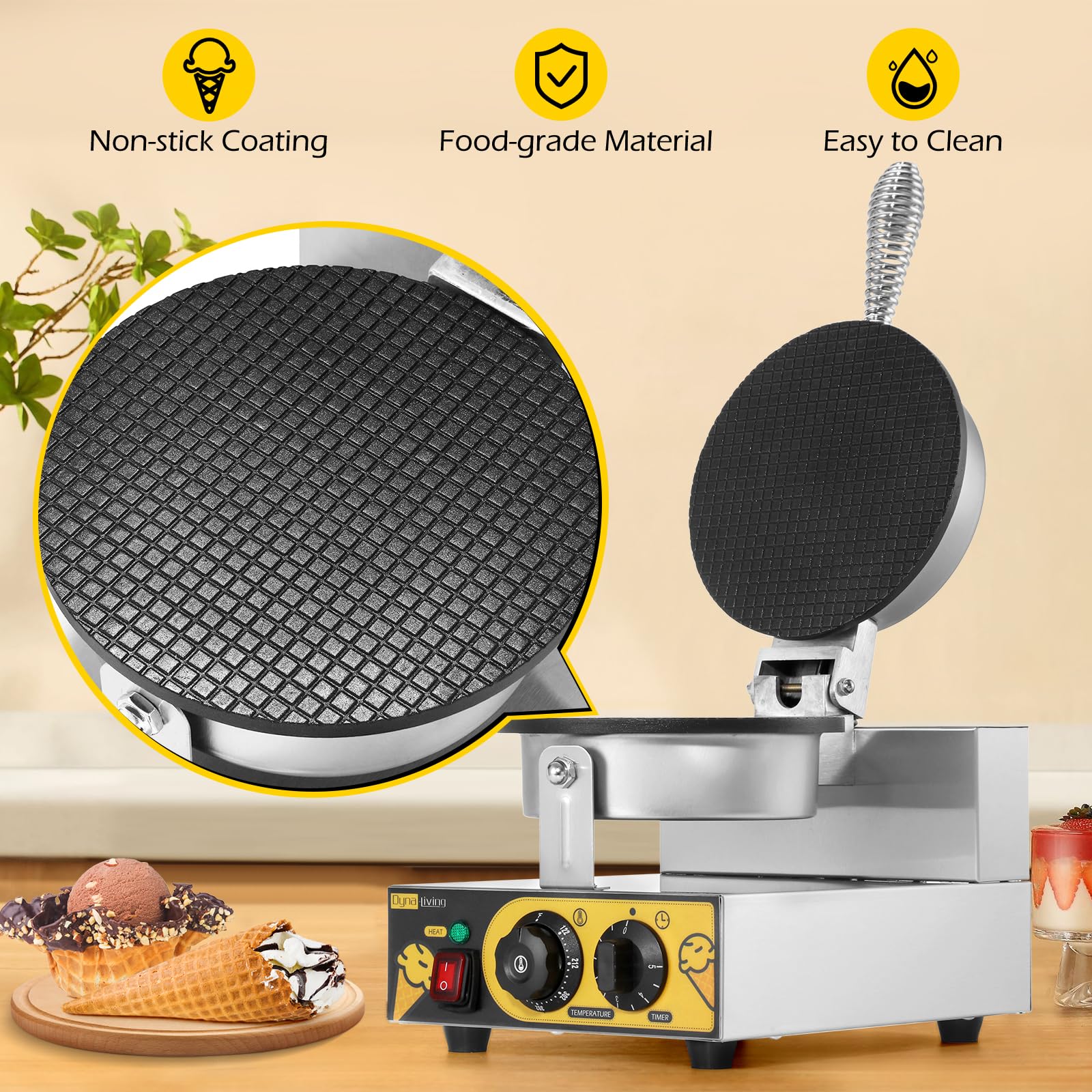 Dyna-Living Commercial Electric Waffle Cone Maker Machine - Stainless Steel Ice Cream Cone Baker for Restaurants, Bakeries & Home Kitchens (110V 1250W) - Perfect for Dessert Shops, Ice Cream Parlors & Snack Bars