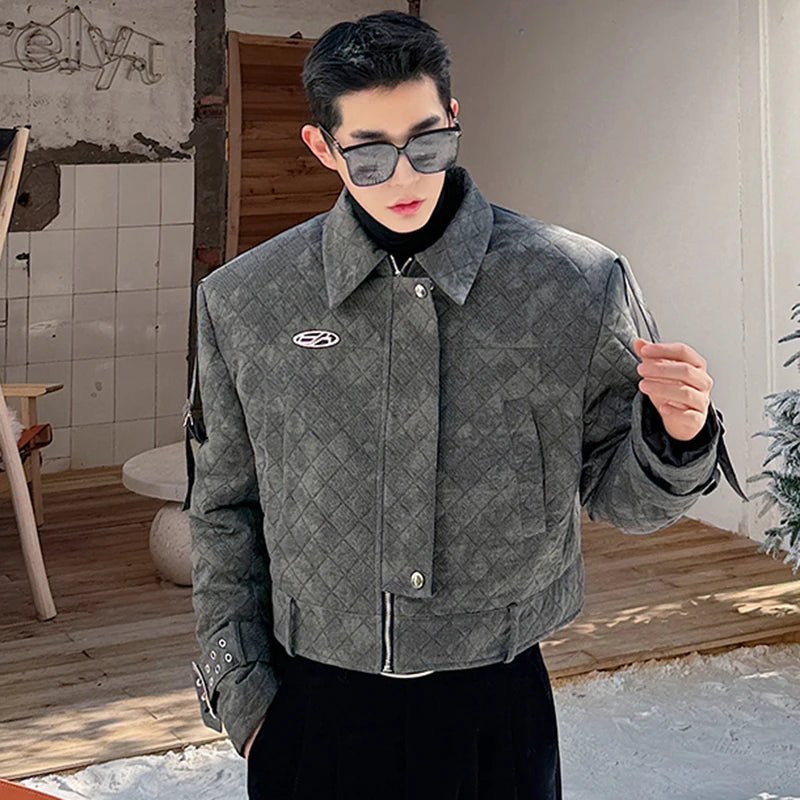 Argyle Men's Padded Jacket with Lapel Buckle Design - Gradient Color Zipper Cotton Short Coat - American Style Winter Outerwear for Casual Wear & Outdoor Activities (Model 9C3926)