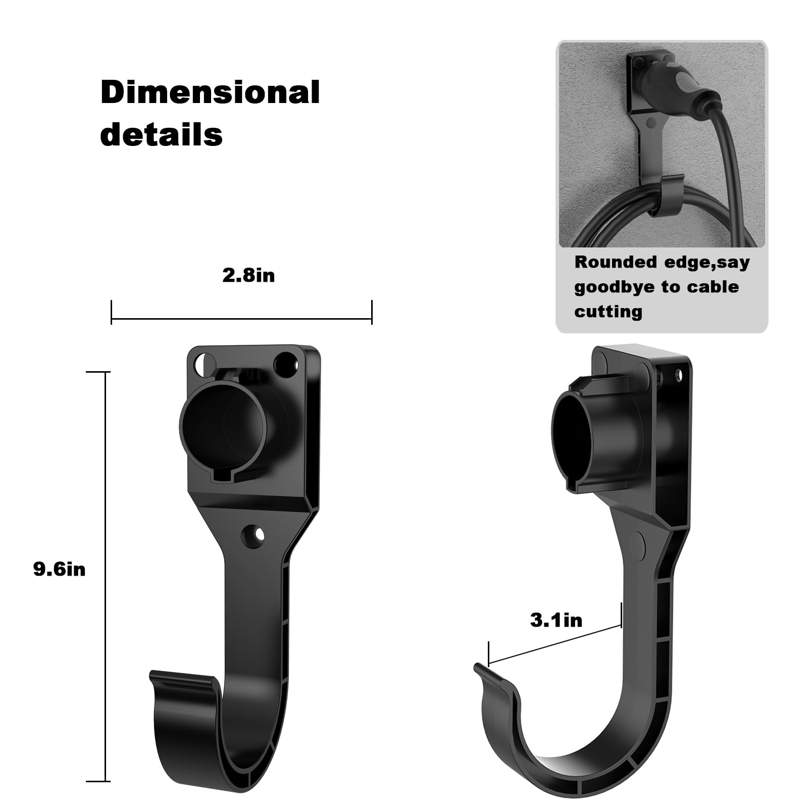 SAE J1772 EV Charger Holder - Wall Mount Electric Vehicle Charger Holster with Hook & Dust Caps (Includes 3 Screws, 3 Wall Anchors) - Perfect for Home & Public Charging Stations