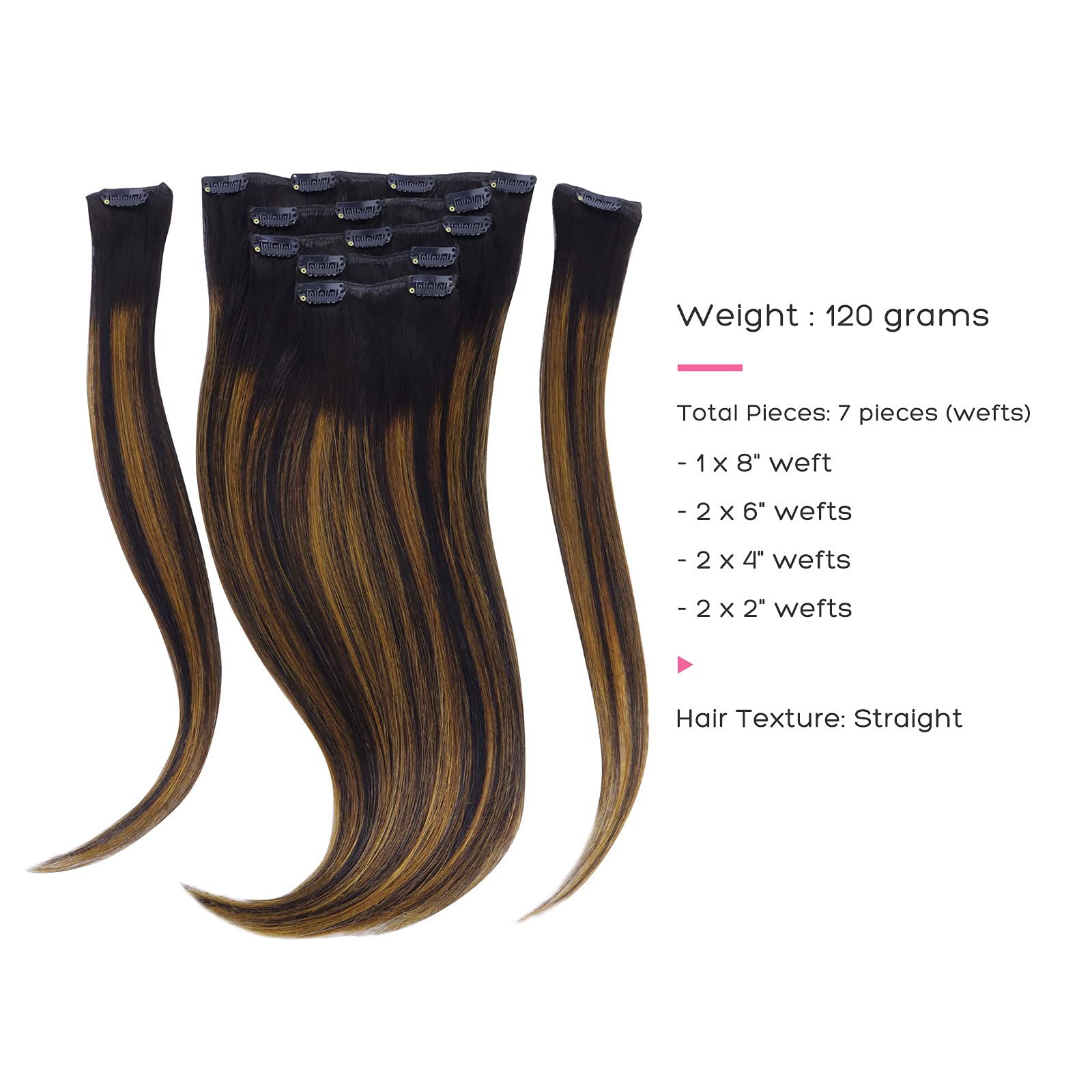 Marat Clip in Human Hair Extensions 24 Inch - 120g Straight Natural Black Mixed Chestnut Brown Hair Extensions for Women - Perfect for Daily Wear, Parties & Special Occasions
